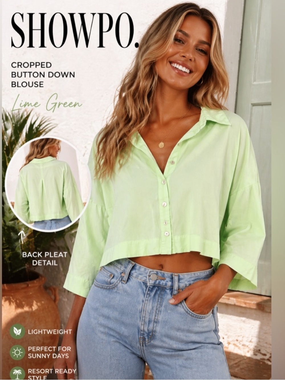Showpo,Lime Green Cropped Top, Women's Button-Up,Excellent Condition, Size L/14